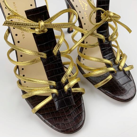 Alexandra Neel Heels Brown Gold Leather Sandals Strappy Italy Women's 39 US 9 - Picture 4 of 11